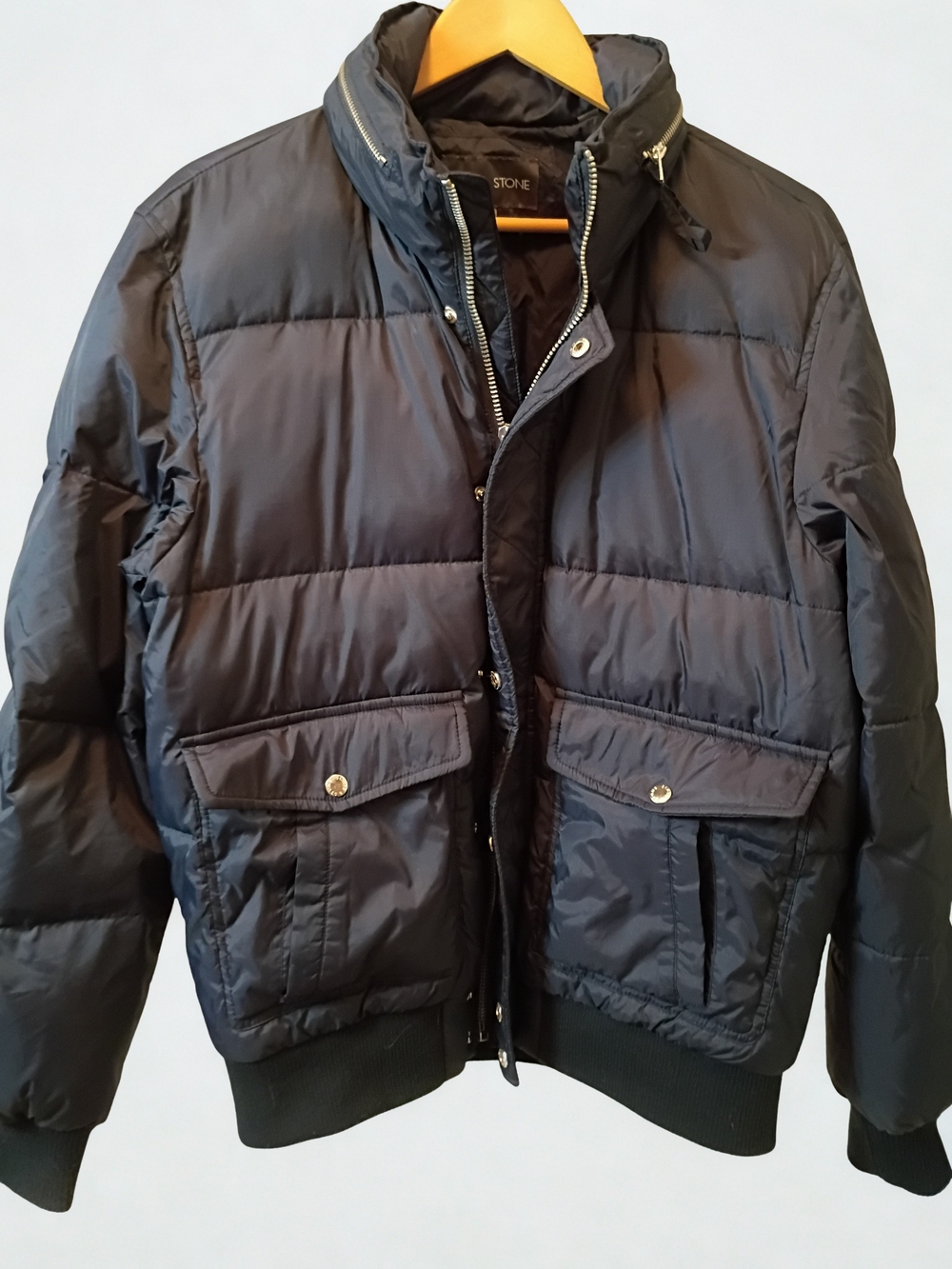 Slate & Stone Men's Navy Blue Ripstop Nylon Down Bomber Jacket Medium With Hood